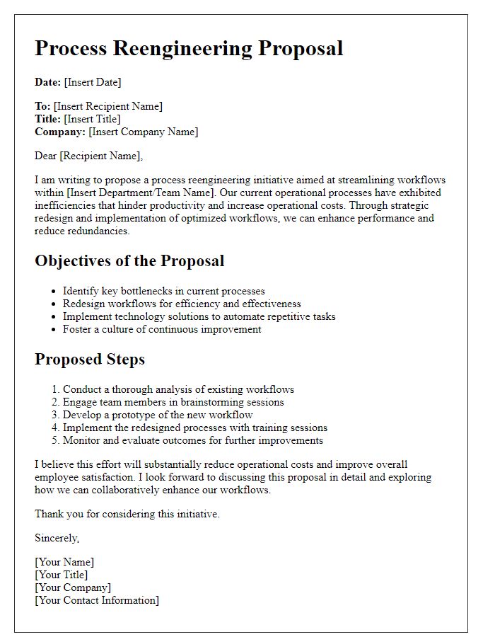 Letter template of process reengineering proposal for streamlining workflows.