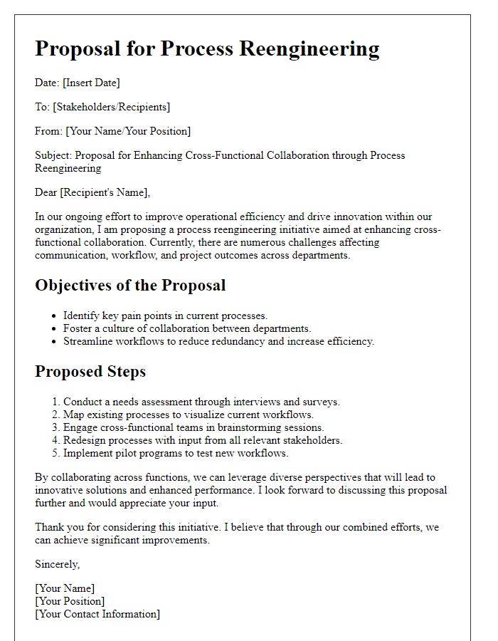 Letter template of process reengineering proposal targeting cross-functional collaboration.