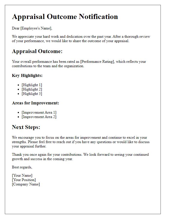 Letter template of appraisal outcome communication