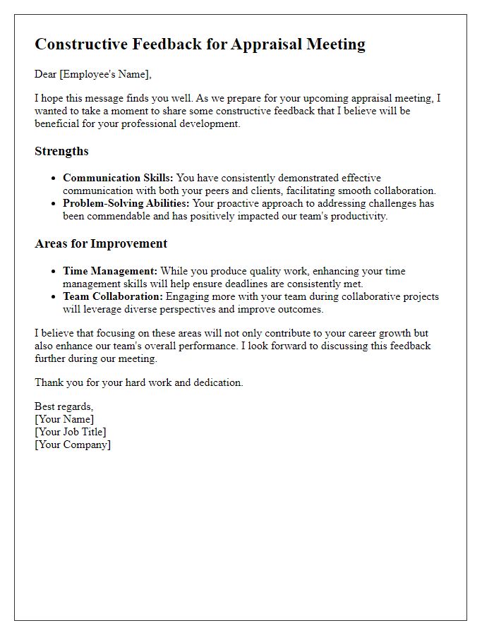 Letter template of constructive feedback for appraisal meeting