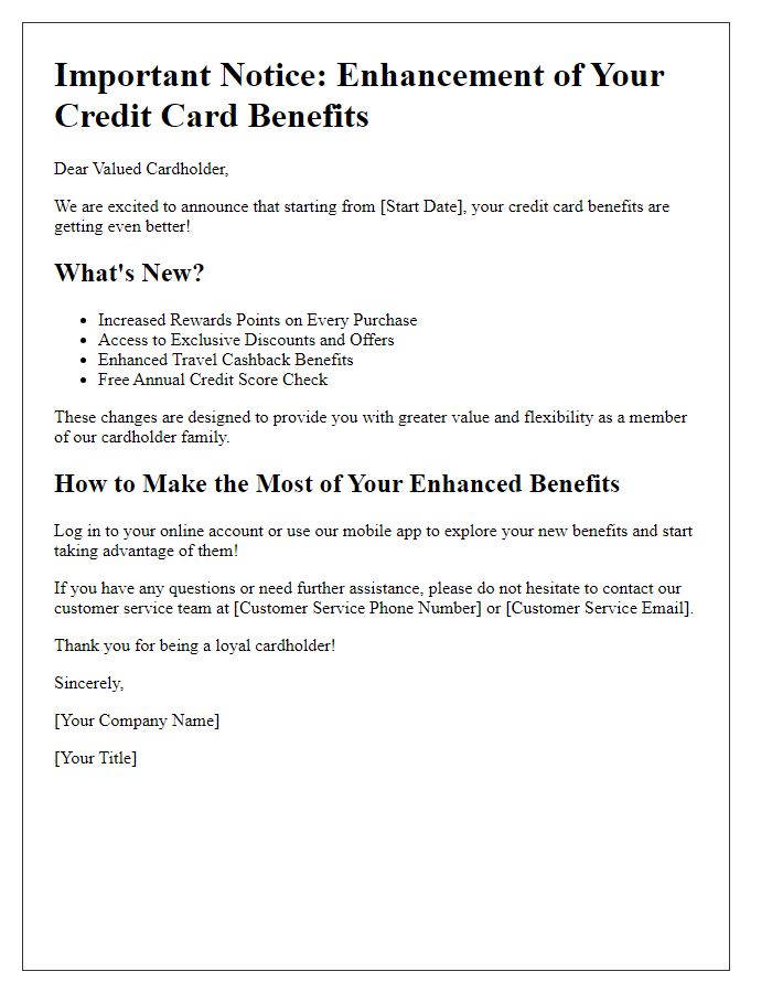 Letter template of credit card benefits enhancement notice