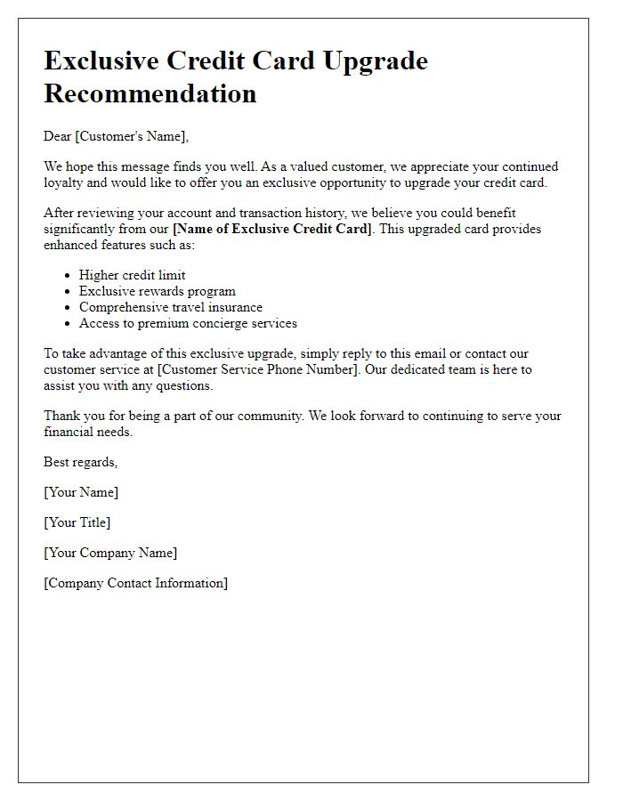 Letter template of exclusive credit card upgrade recommendation
