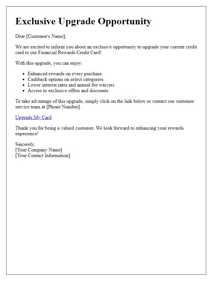 Letter template of financial rewards credit card upgrade option