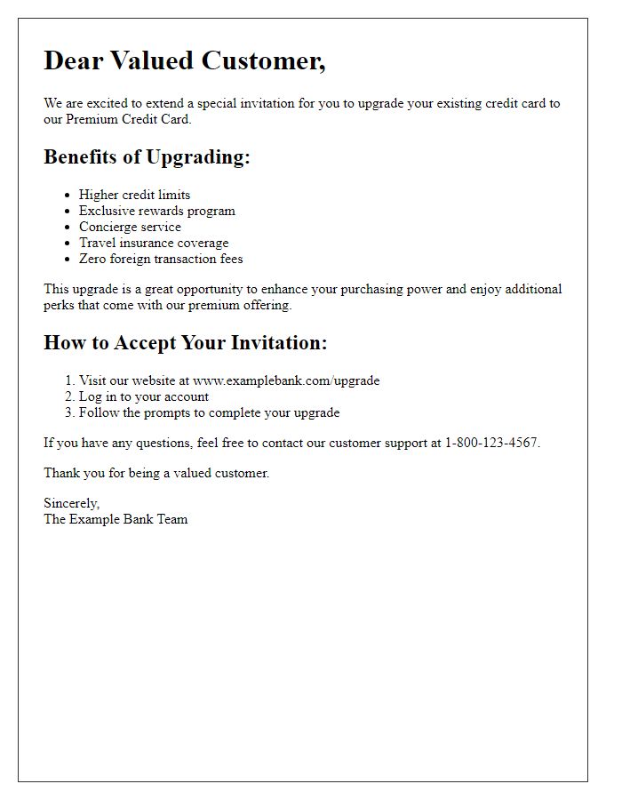 Letter template of premium credit card upgrade invitation