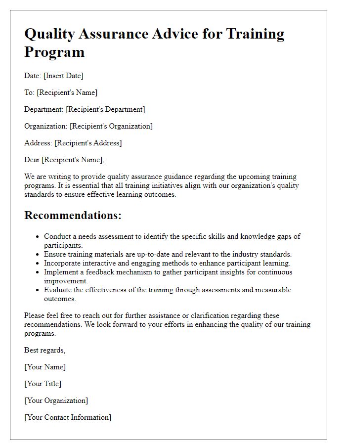 Letter template of quality assurance advice for training programs