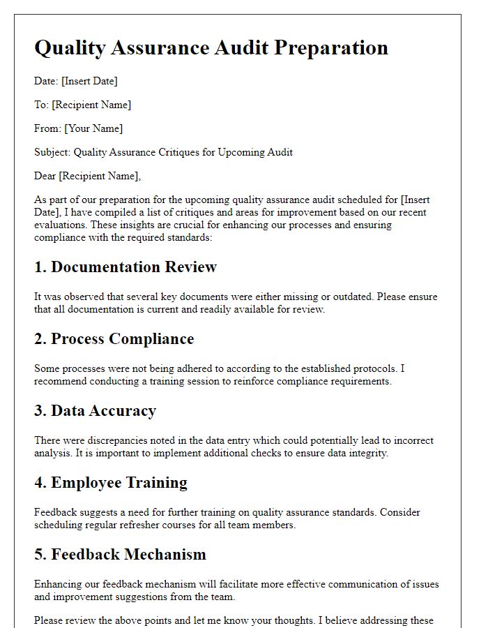 Letter template of quality assurance critiques for audit preparation