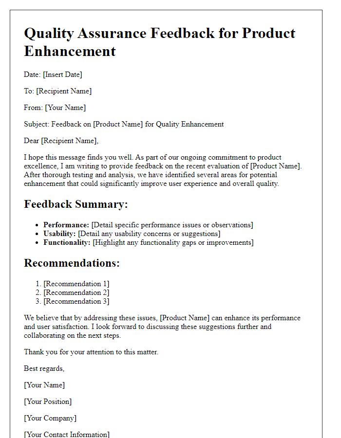 Letter template of quality assurance feedback for product enhancement