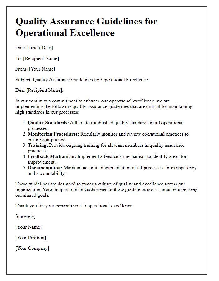 Letter template of quality assurance guidelines for operational excellence