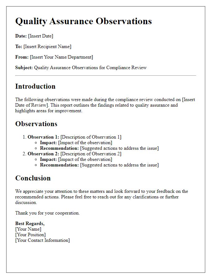 Letter template of quality assurance observations for compliance review