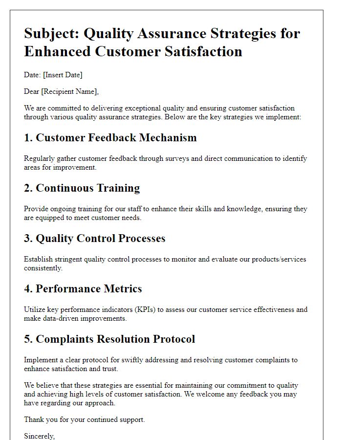 Letter template of quality assurance strategies for customer satisfaction