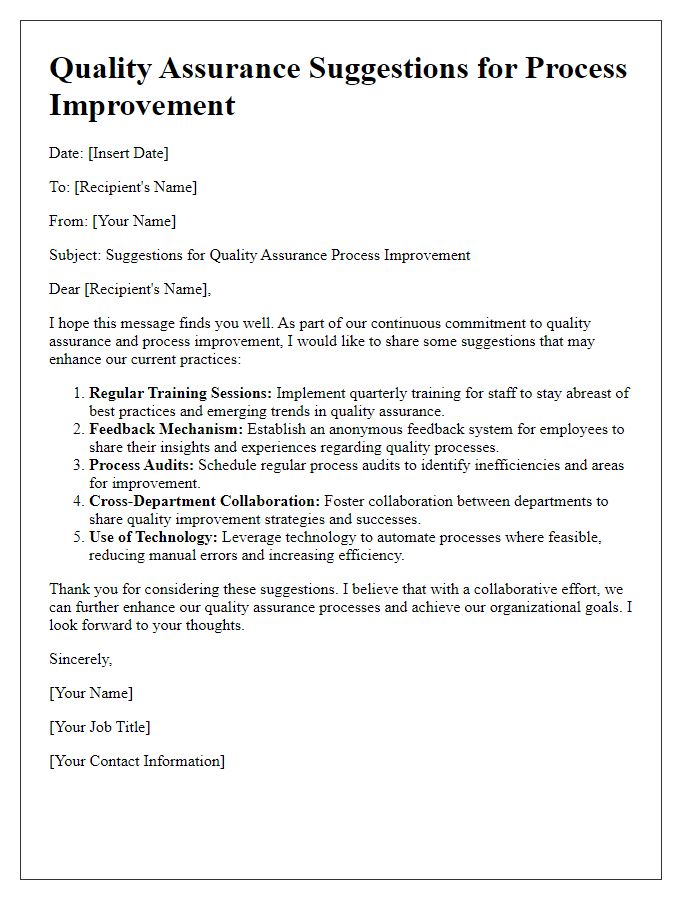 Letter template of quality assurance suggestions for process improvement