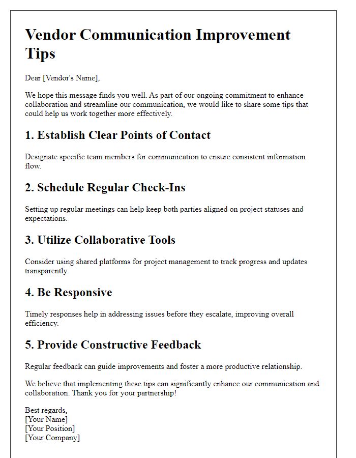 Letter template of vendor communication improvement tips