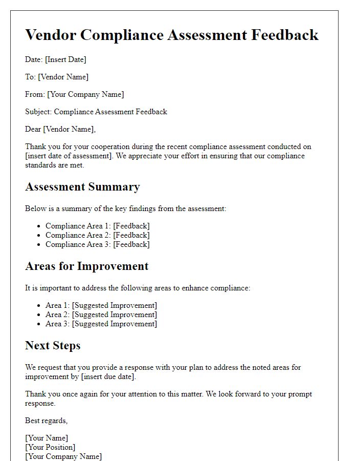 Letter template of vendor compliance assessment feedback