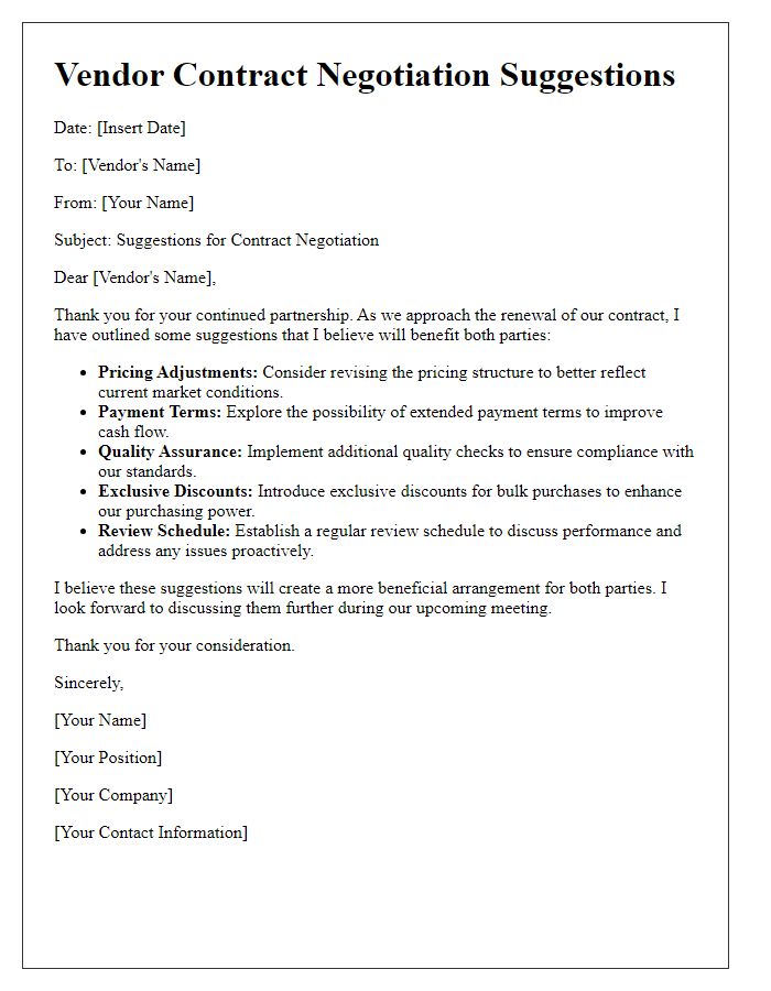 Letter template of vendor contract negotiation suggestions