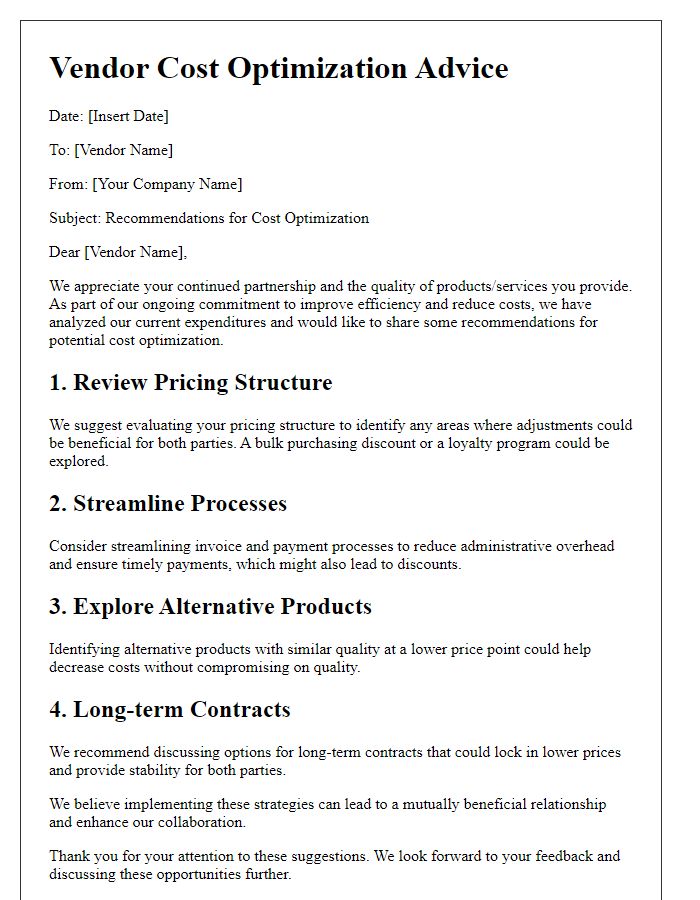 Letter template of vendor cost optimization advice