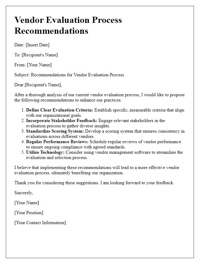 Letter template of vendor evaluation process recommendations