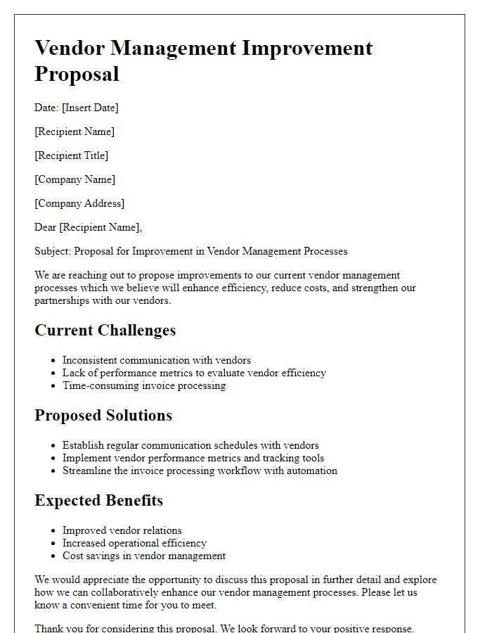 Letter template of vendor management improvement proposal