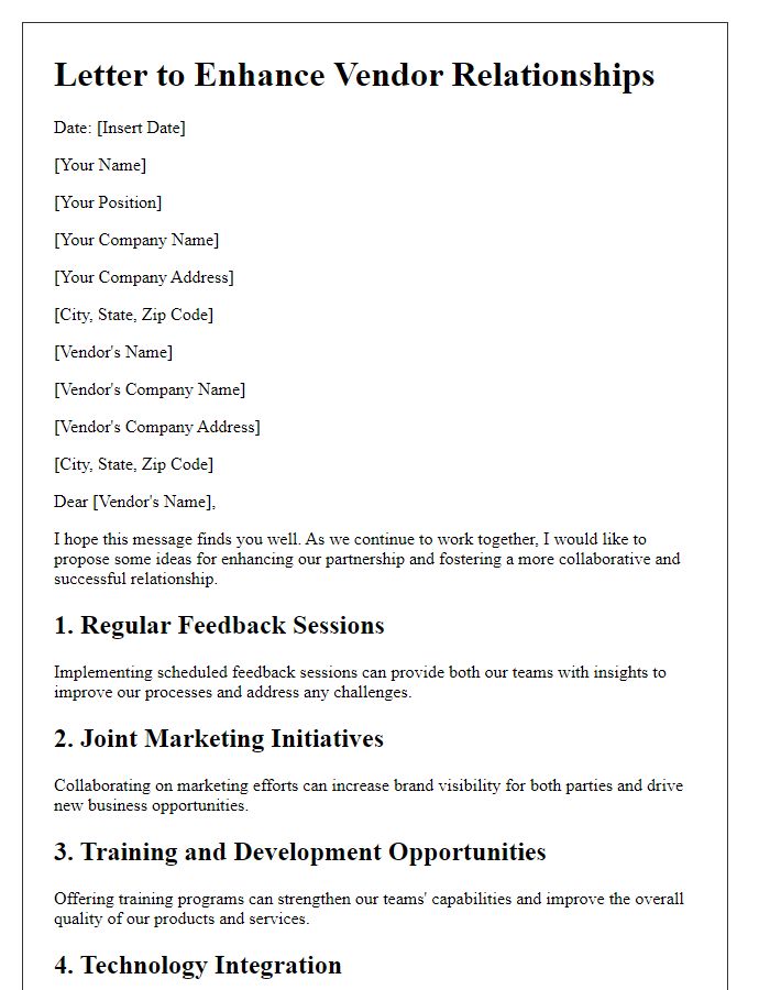 Letter template of vendor relationship enhancement ideas