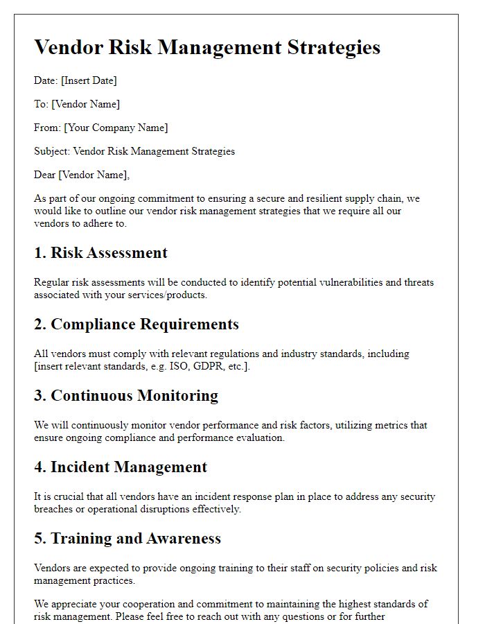 Letter template of vendor risk management strategies