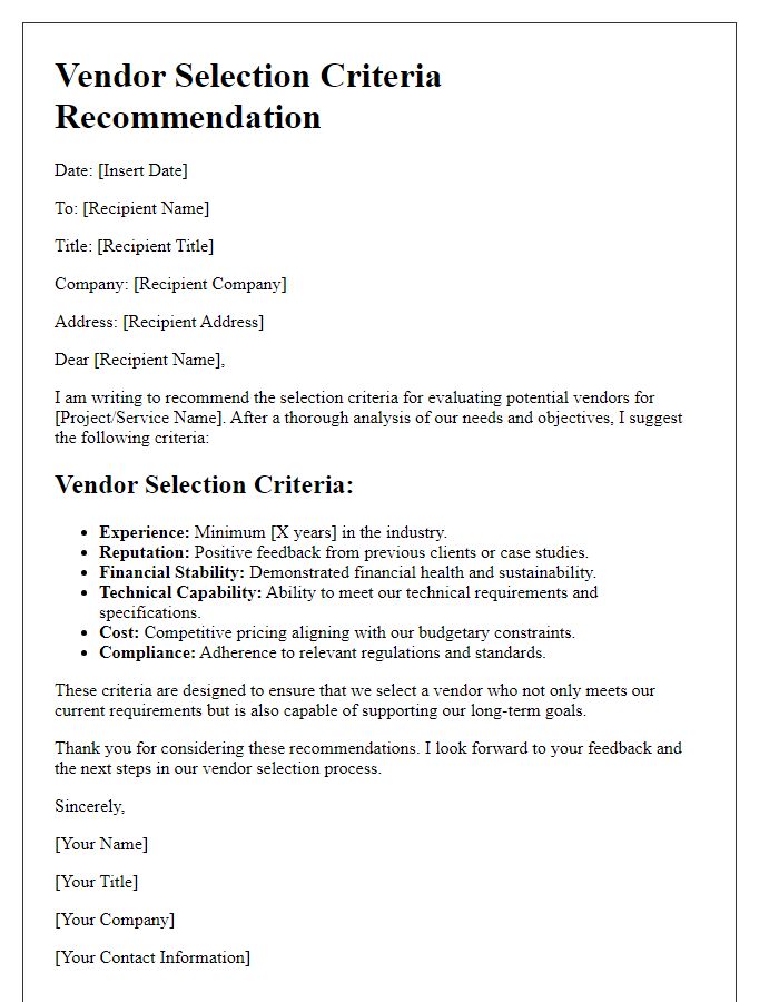 Letter template of vendor selection criteria recommendation