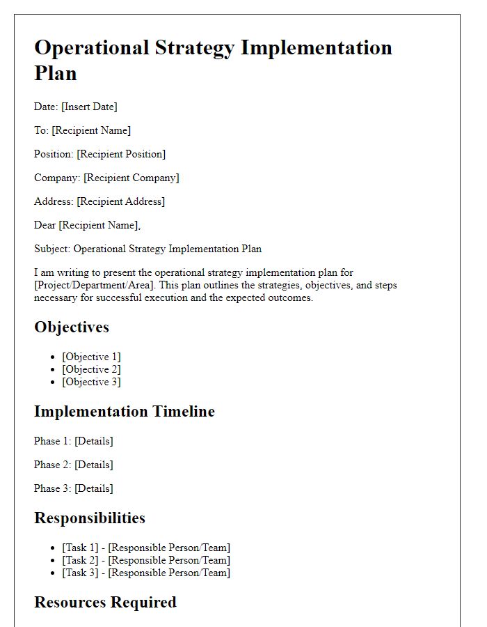 Letter template of operational strategy implementation plan