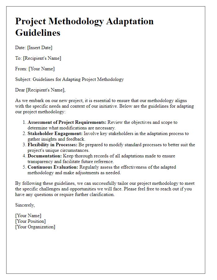 Letter template of project methodology adaptation guidelines.