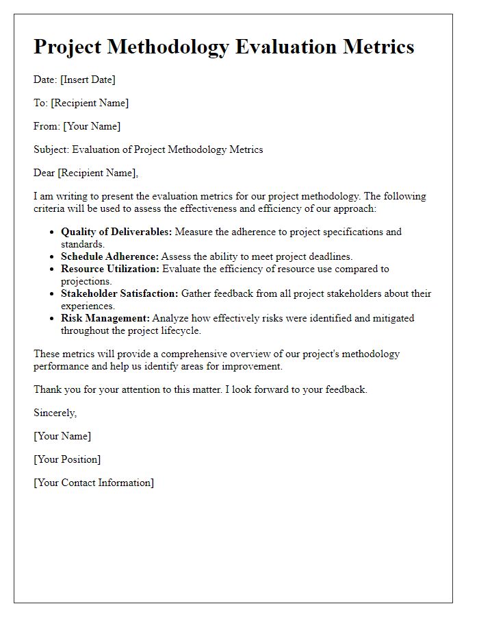 Letter template of project methodology evaluation metrics.