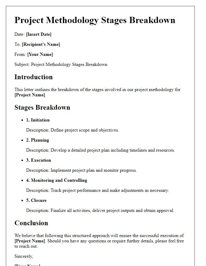 Letter template of project methodology stages breakdown.