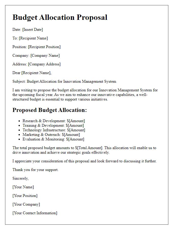 Letter template of innovation management system budget allocation