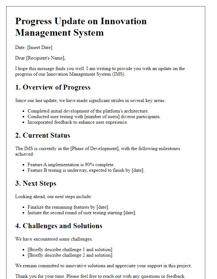 Letter template of innovation management system progress update