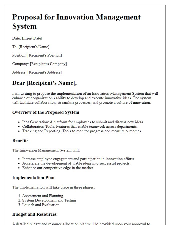 Letter template of innovation management system proposal