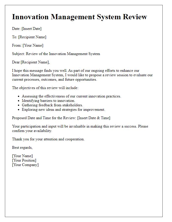 Letter template of innovation management system review