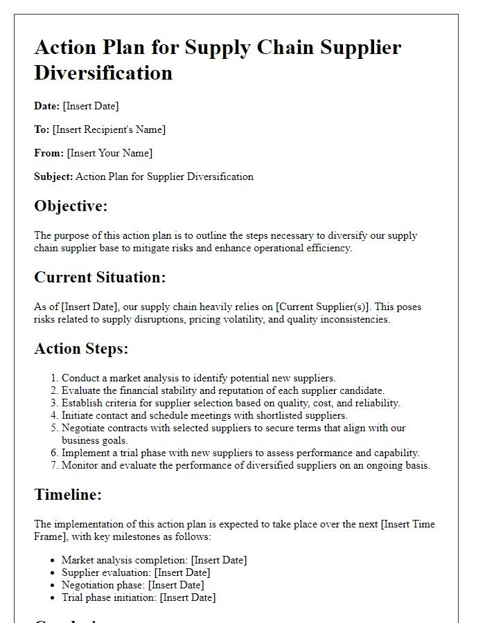 Letter template of an action plan for supply chain supplier diversification.