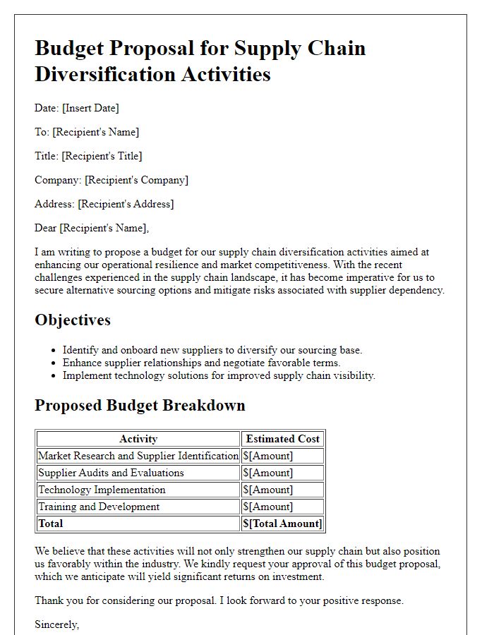 Letter template of a budget proposal for supply chain diversification activities.