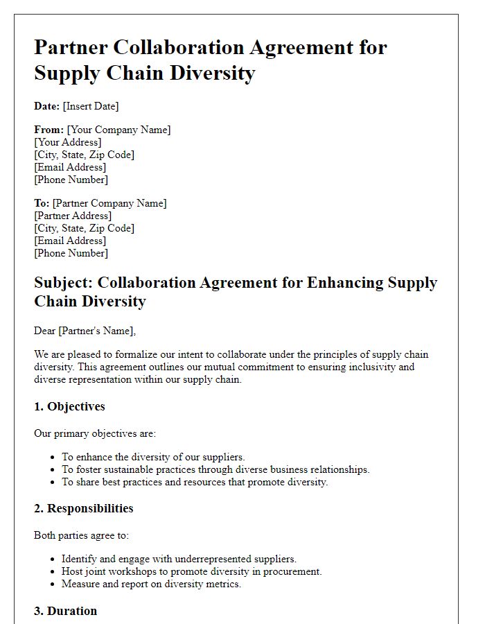 Letter template of a partner collaboration agreement for supply chain diversity.