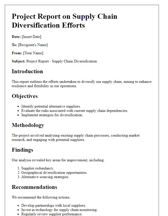 Letter template of a project report on supply chain diversification efforts.