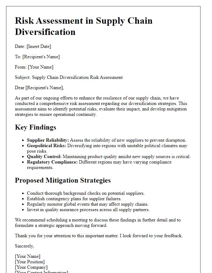 Letter template of a risk assessment in supply chain diversification.