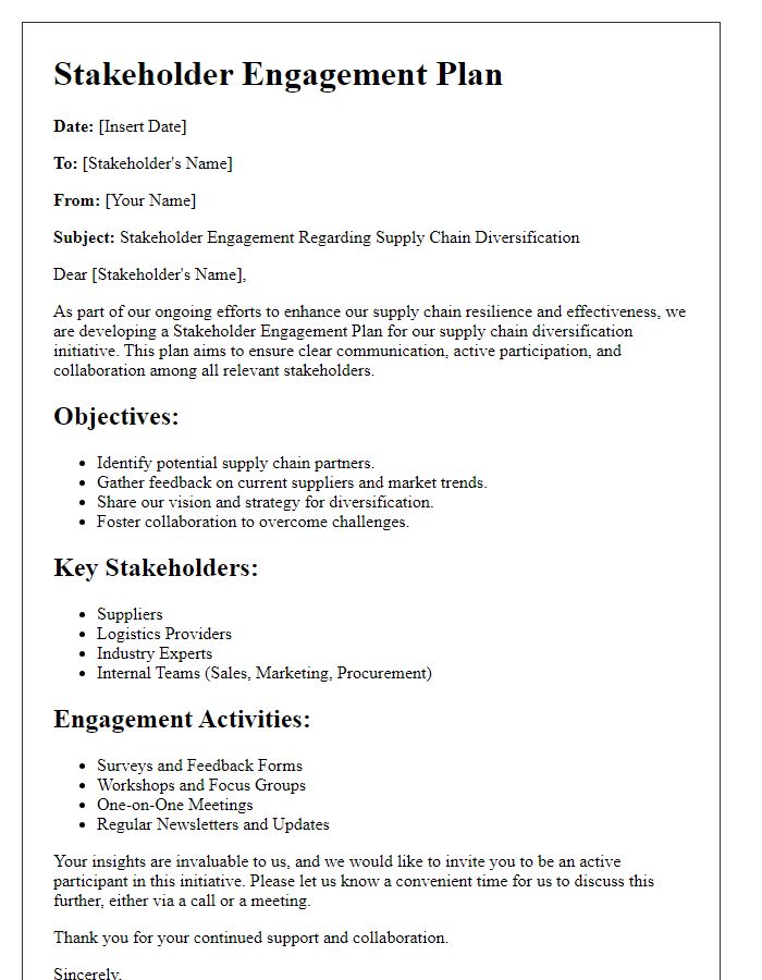 Letter template of a stakeholder engagement plan for supply chain diversification.