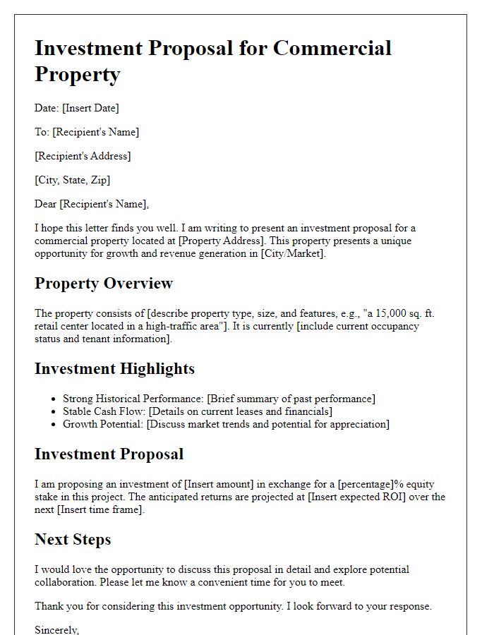 Letter template of real estate investment proposal for commercial properties.