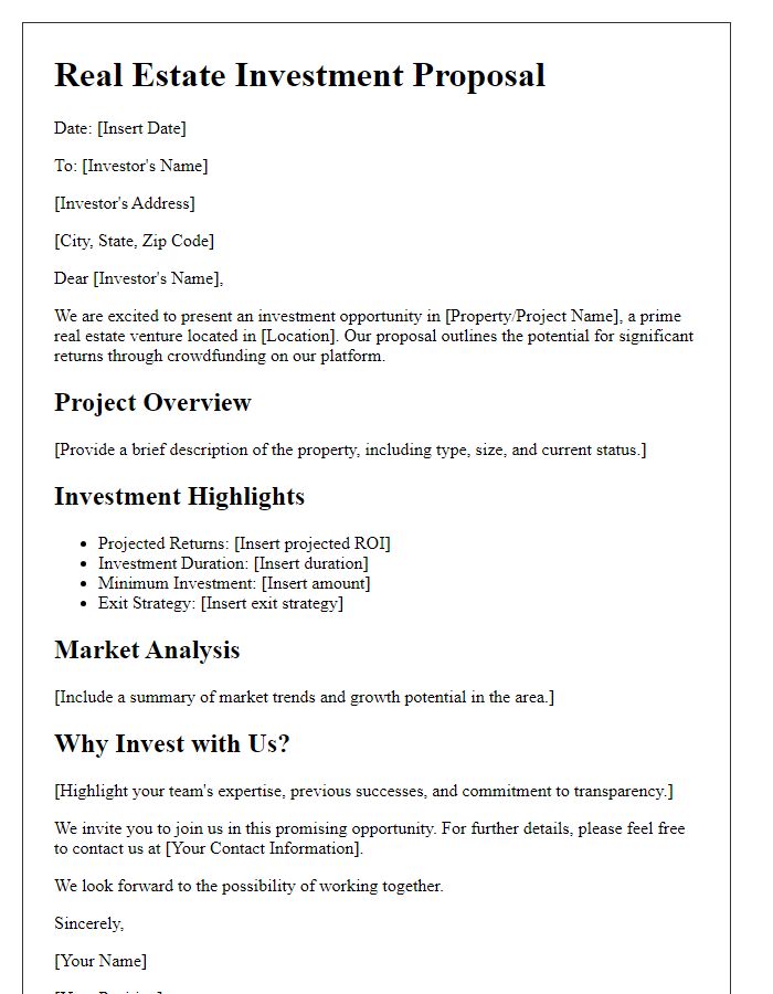 Letter template of real estate investment proposal for crowdfunding platforms.