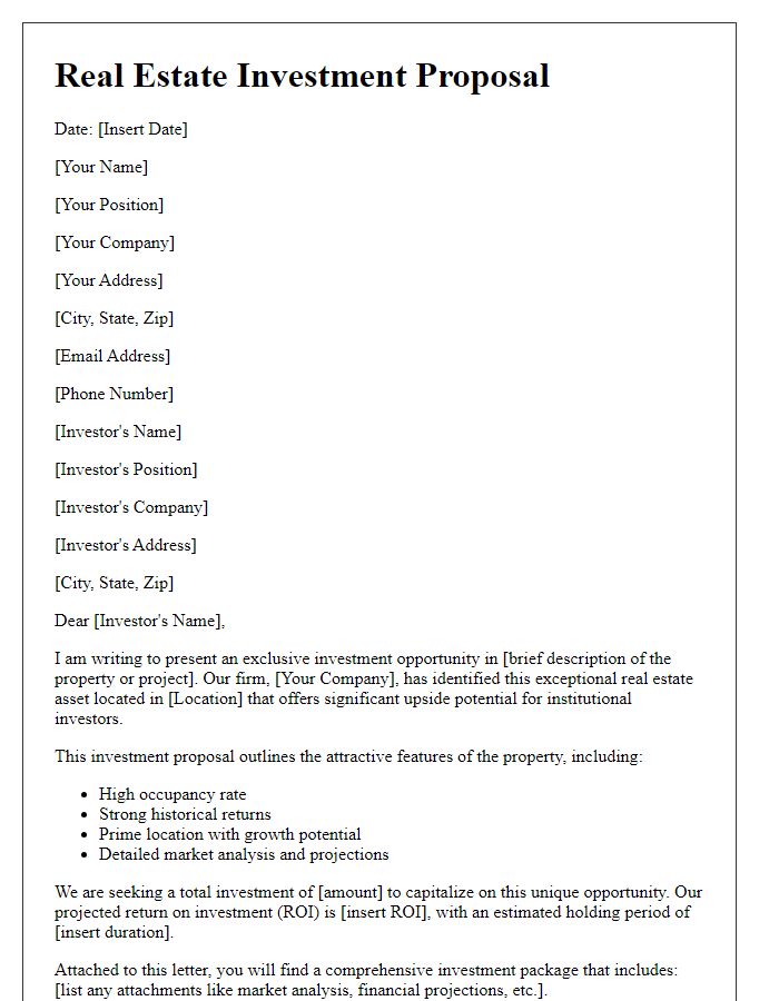 Letter template of real estate investment proposal for institutional investors.