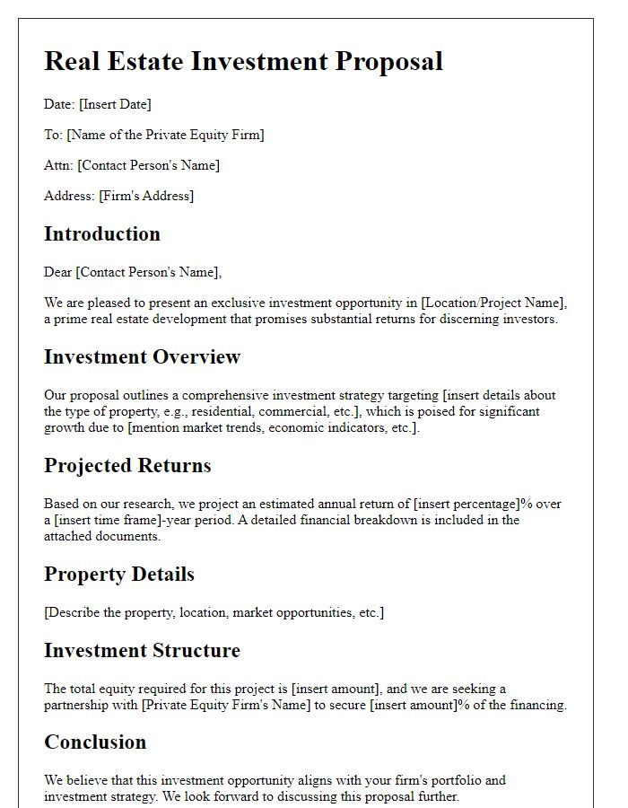 Letter template of real estate investment proposal for private equity firms.