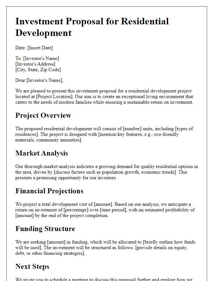 Letter template of real estate investment proposal for residential developments.