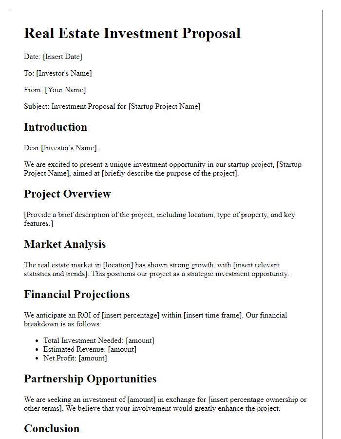 Letter template of real estate investment proposal for startup projects.