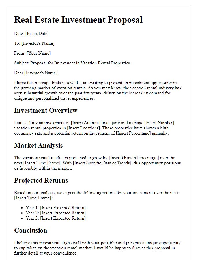 Letter template of real estate investment proposal for vacation rentals.