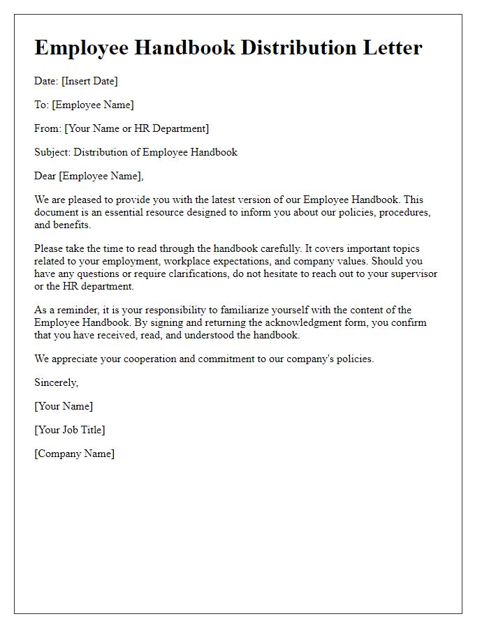 Letter template of employee handbook distribution