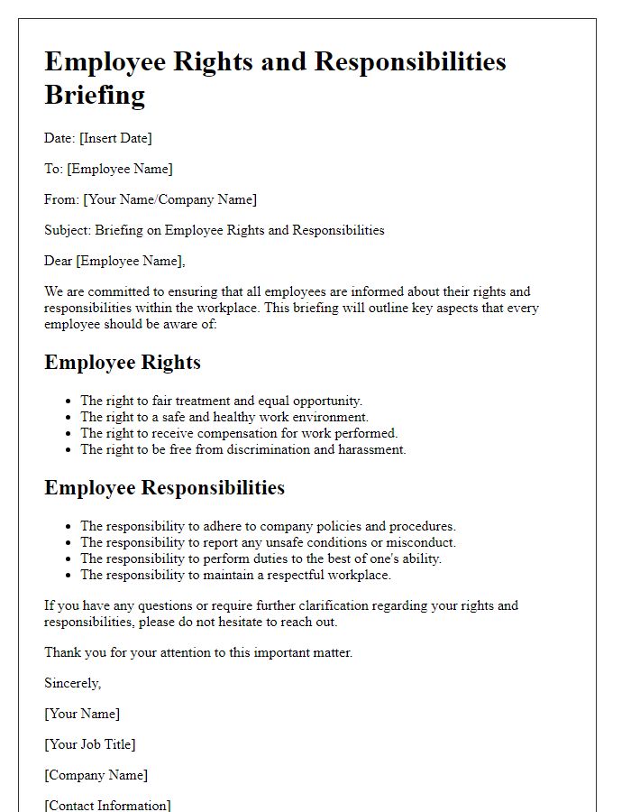 Letter template of employee rights and responsibilities briefing