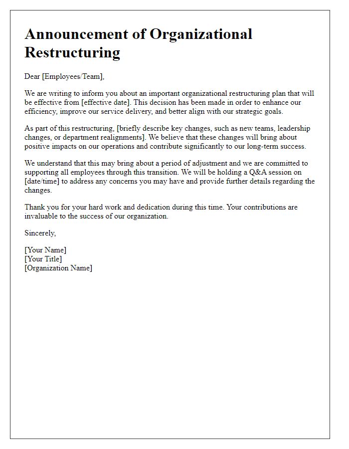 Letter template of announcement for organizational restructuring