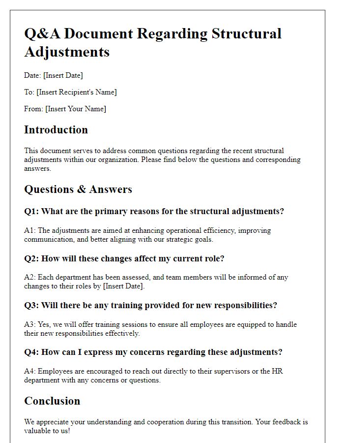 Letter template of Q&A document regarding structural adjustments