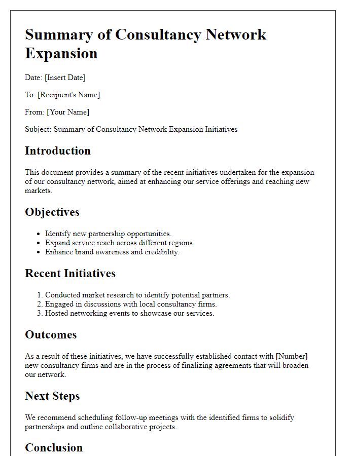 Letter template of summary for consultancy network expansion